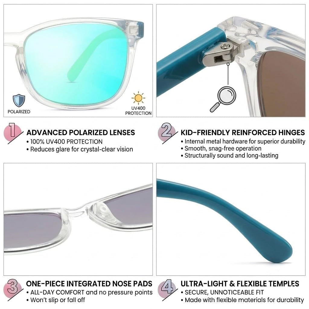COASION Polarized Kids Sunglasses UV 400 Protection for Girls Boys Classic Retro Style Toddler Shades Age 3-12