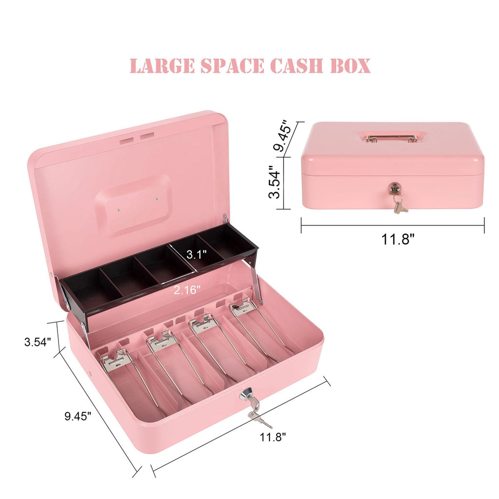 Cash Box with Money Tray and Key Lock, Saving Lock Box with Money Tray Storage for Cash Register 11.8"x9.45"x3.54" Black XL Large