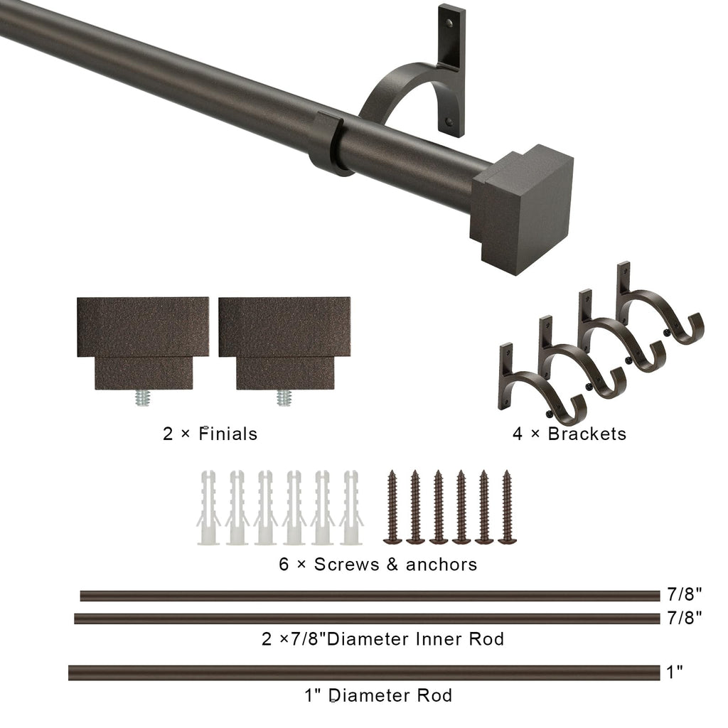Single Curtain Rods for Windows 28 to 48 Inch(2.3-4ft),1 Inch Diameter Adjustable Heavy Duty Drapery Rods,with Modern Square Aluminum Alloy Finials,Antique Bronze