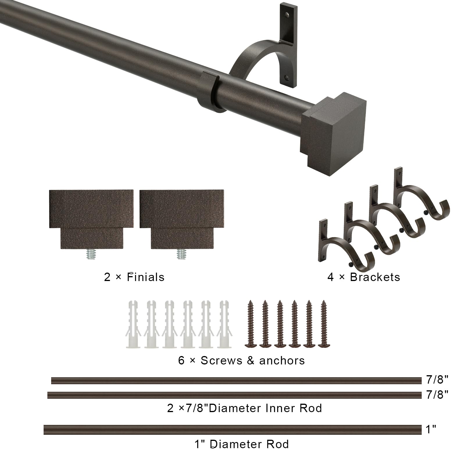 Single Curtain Rods for Windows 28 to 48 Inch(2.3-4ft),1 Inch Diameter Adjustable Heavy Duty Drapery Rods,with Modern Square Aluminum Alloy Finials,Antique Bronze