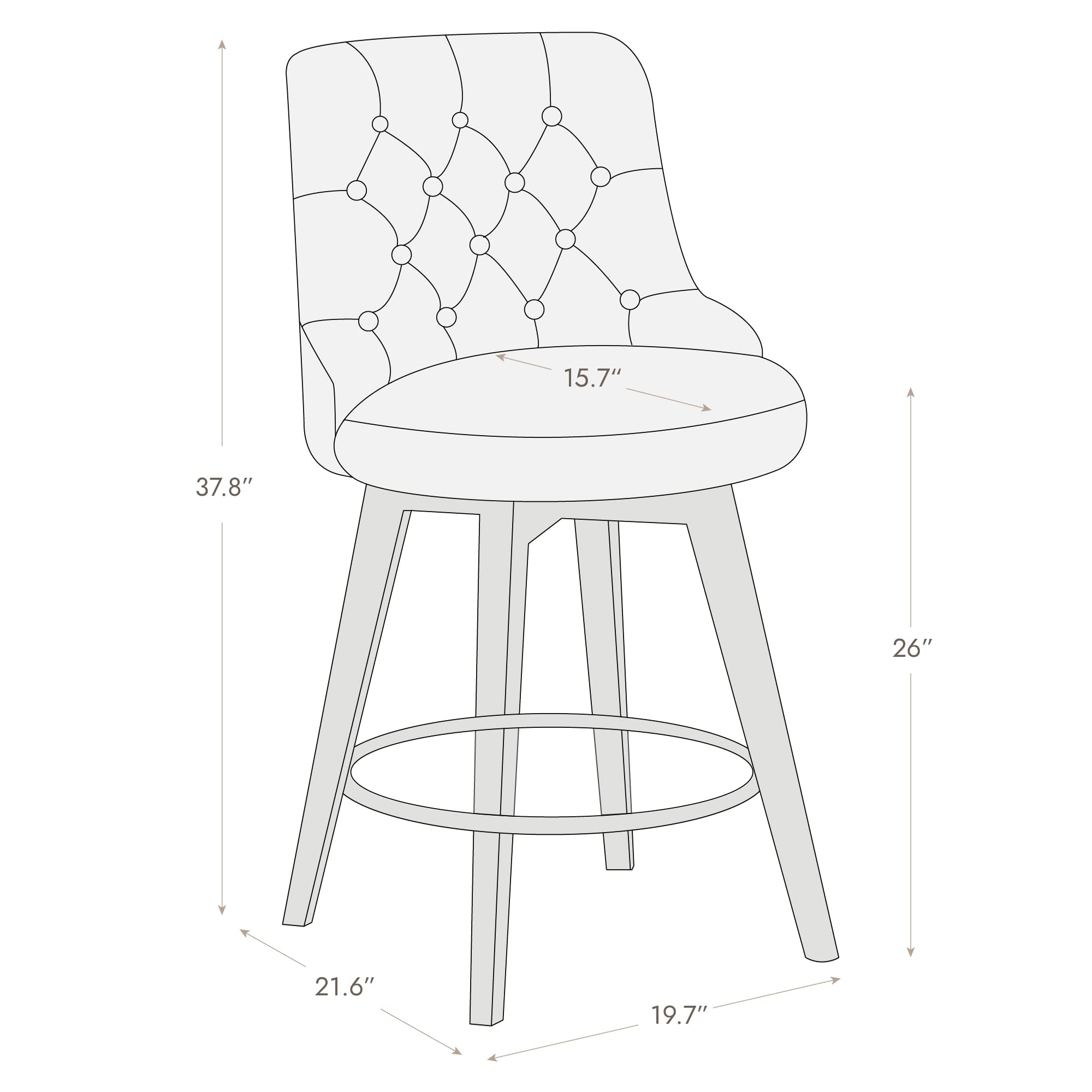 Watson & Whitely Counter Height Bar Stools, Performance Fabric Upholstered Modern Swivel Barstool with Back, Solid Wood Legs, 26" H Seat, Flint Grey