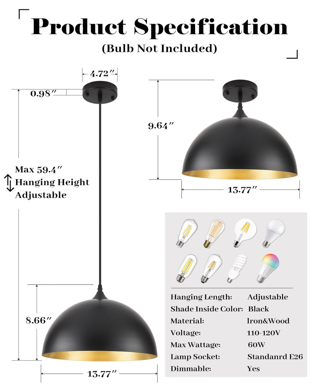 White Pendant Lights, 11.8 inch Pendant Lights Kitchen Island, Farmhouse Pendant Light Fixtures (White Inside), Industrial Pendant Lighting for Dining Room, Bedroom, Hallway (1 Pack)