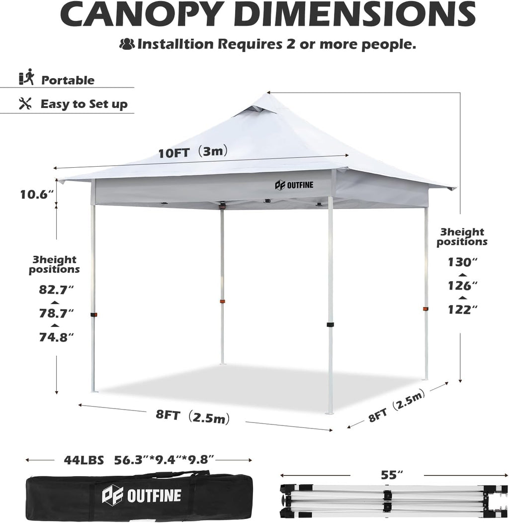 OUTFINE 10×10 Pop Up Canopy-Heavy Duty Canopy Tent with Sturdy Metal Frame(8×8 Base), Carrying Bag, Sandbags×4,Tent Stakes×8 for Events,Camping&Parties(White,10 * 10FT)