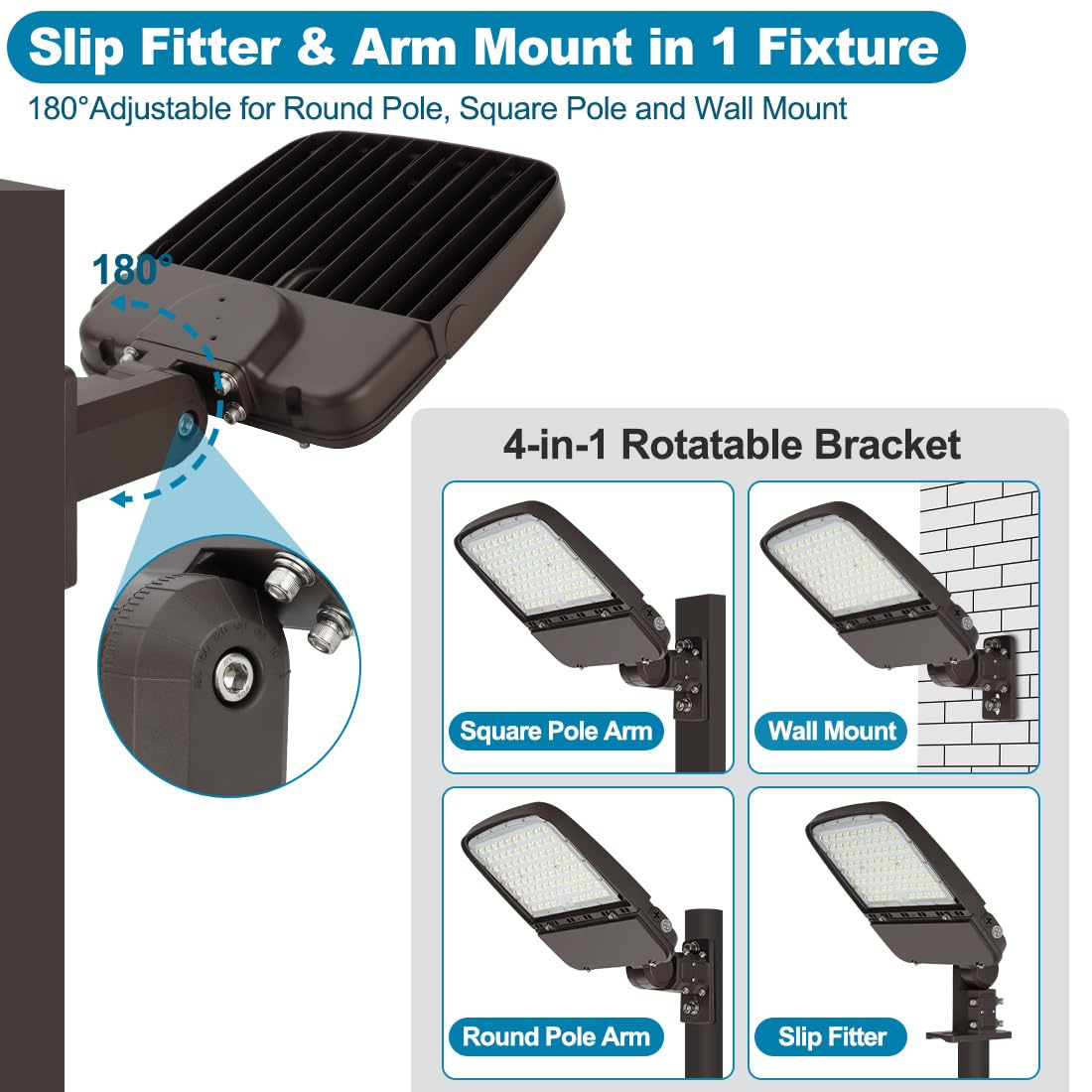 150W LED Parking Lot Light with Photocell, Outdoor Dimmable LED Pole Lights with Slip Fitter & Arm Mount in 1, 22500LM 5000K 100-277V IP65, 150W/100W/80W Power Tunable, ETL