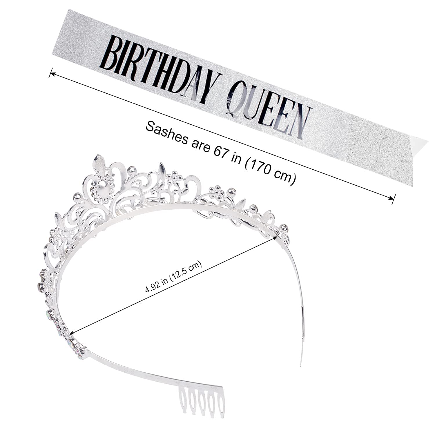 COCIDE Birthday Silver Tiara and Crowns Kit - Silver Tiara, Crown, Sash, Rhinestone Headband, Glitter Sash for Women & Girls Birthday Party Decorations