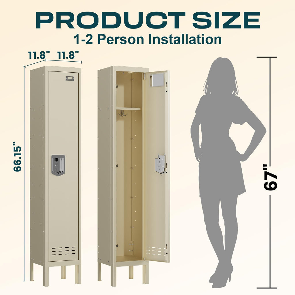 Lockers,Metal Locker, (Beige, 1 Door - (66.15" H x 11.8" W x 11.8" D))