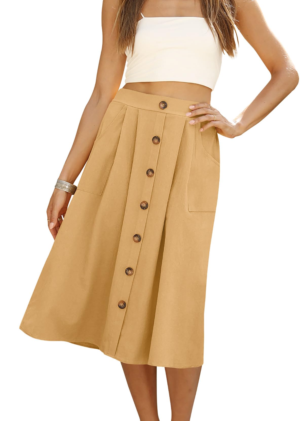 Naggoo Womens Summer Skirts Casual Front Button A-Line High Waisted Midi Skirt with Pockets
