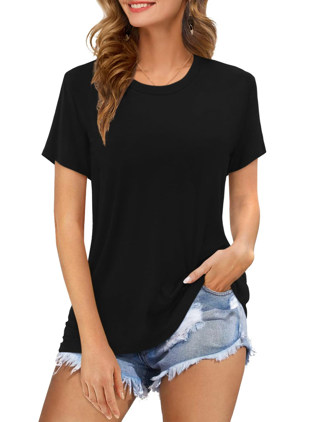 Womens Short Sleeve T Shirts Crewneck Summer Trendy Solid Basic Tee Tops Casual Summer Loose Fit Shirts