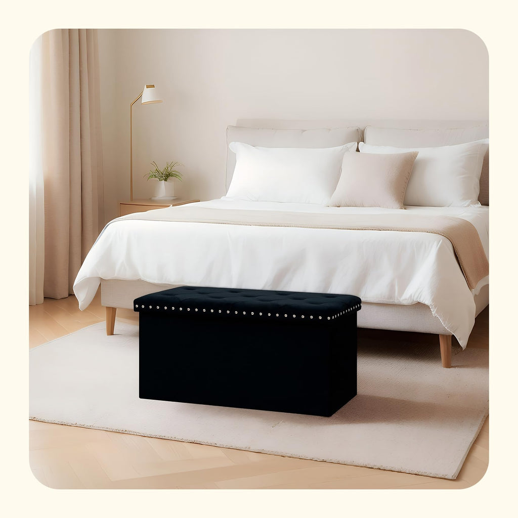 PINPLUS Folding Storage Ottoman Bench, Folding Velvet Tuffed Foot Rest Stool with Rivet, End of Bed Bench Large Long Shoes Chest for Bedroom Entryway Living Room, Beige, 41.3 Inches