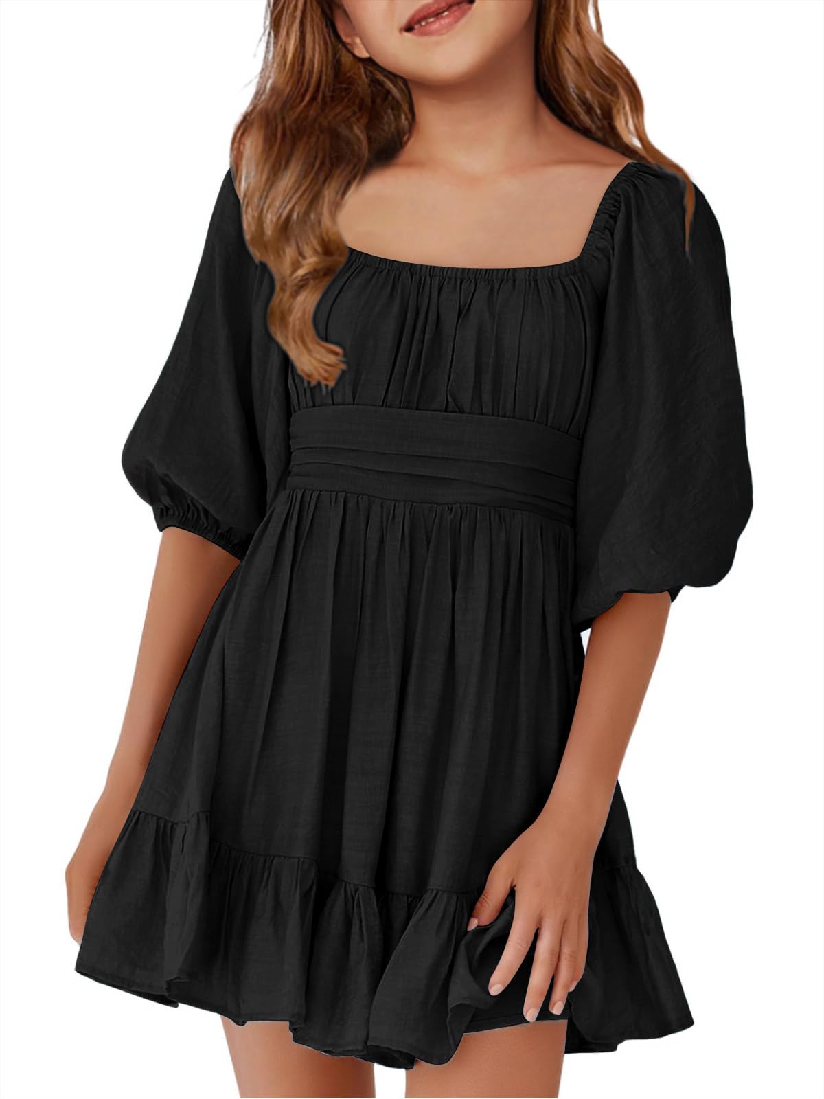 Girls Summer Dresses Square Neck Lantern Sleeve Tie Backless Ruffle A-Line Party Mini Dress