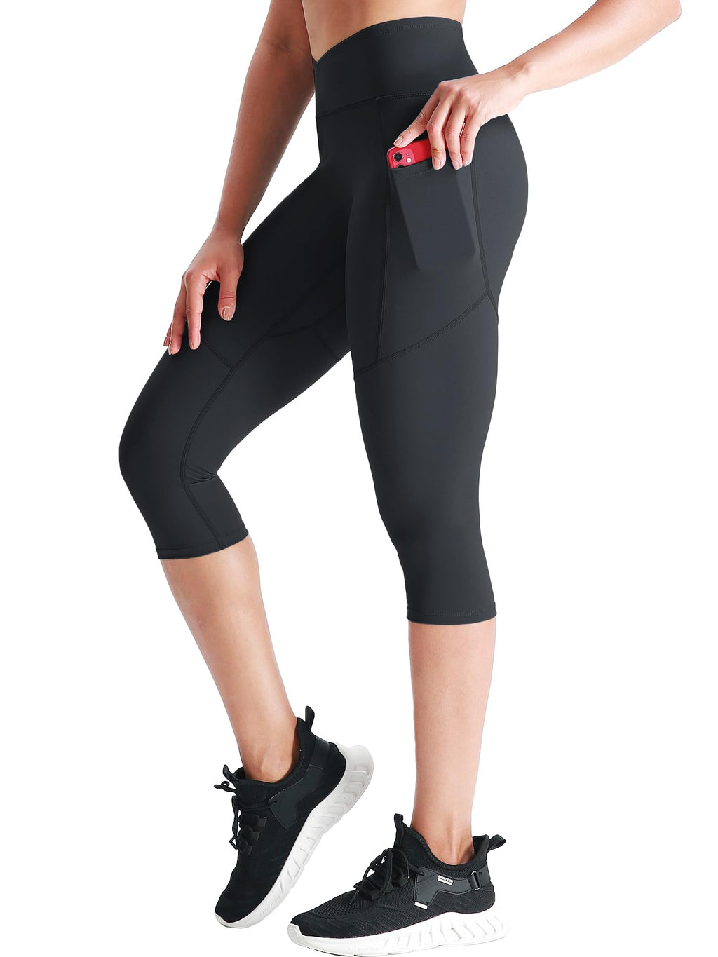 CADMUS Womens High Waist Workout Legging Capris for Yoga w Side Pockets