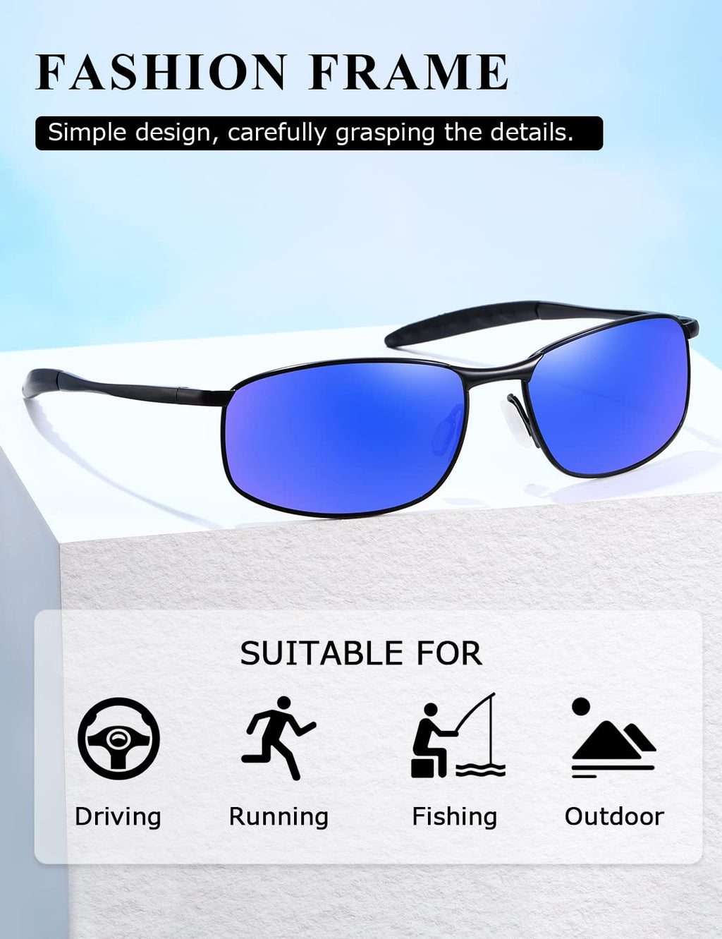 AEVOGUE Polarized Sunglasses For Men Rectangle Metal Frame Retro Sun Glasses AE0395