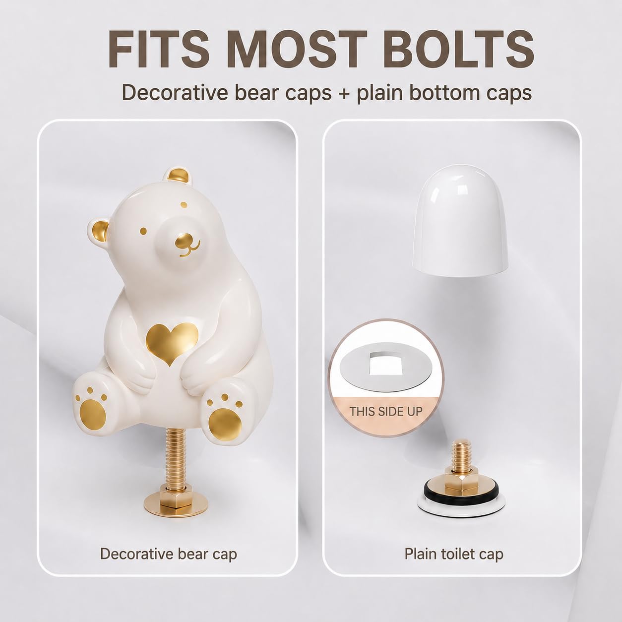 MENNTY Black Polar Bear Toilet Bolt Covers Decorative - 2 Glossy Black Ceramic Toilet Bolt Caps + 4 Universal Toilet Caps for Bottom of Toilet, Modern Monochrome Bathroom Decor