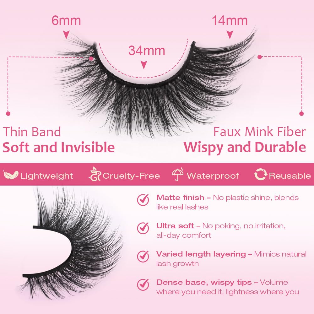 False Lashes Natural Look Wispy Eyelashes Manga Korean Spiky 16mm Short Faux Mink Eyelashes Cat Eye Natural Fake Eyelashes Strip Lashes Pack 14 Pairs