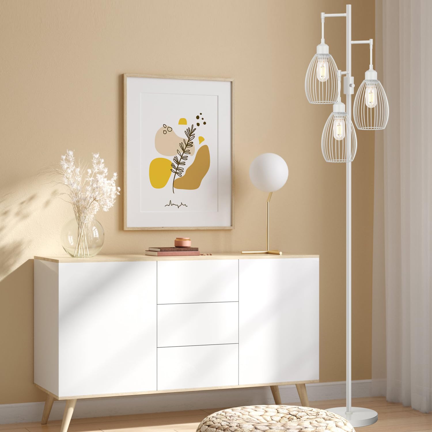 Dimmable Floor Lamp, 3 x 800LM LED Edison Bulbs Included, Farmhouse Industrial Floor Lamp Standing Tree Lamp with Elegant Teardrop Cage Tall Lamps for Living Room Bedroom Office Dining Room-Brass