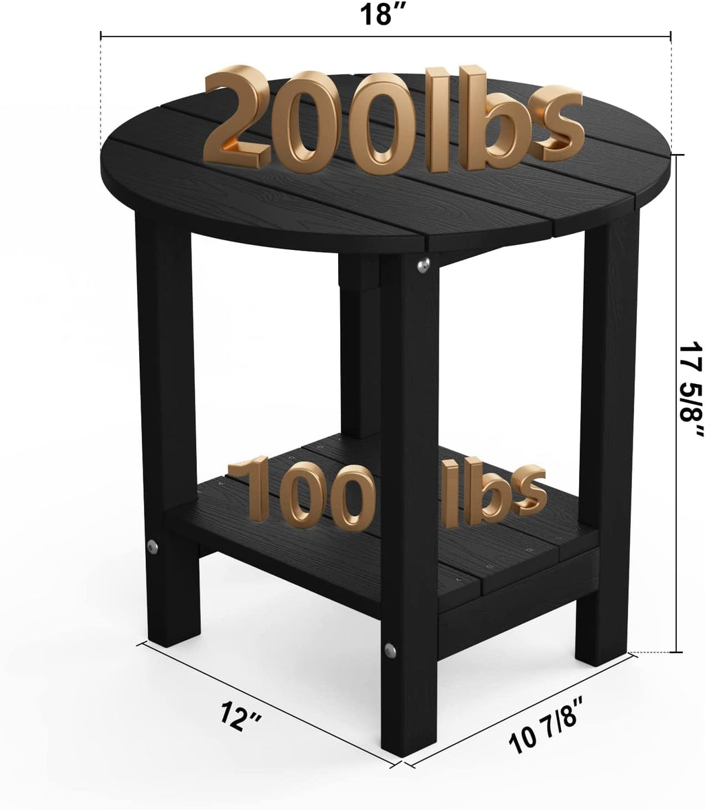MXIMU Round Outdoor Side Table Adirondack Tables 18 Inch Chairside End Tables with Storage Shelf, 2-Tier Plastic Patio Side Table for Balcony Backyard Lawn (Black, 1 Pack)