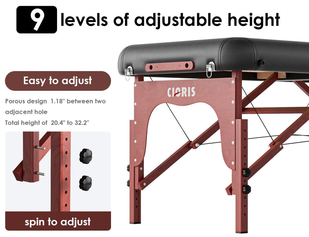 CLORIS 84" Professional Massage Table Portable Reinforced Wooden Leg 2 Folding Lightweight Spa Salon Tattoo Massage Bed Height Adjustable Hold Up to 1100LBS with Carrying Bag Black