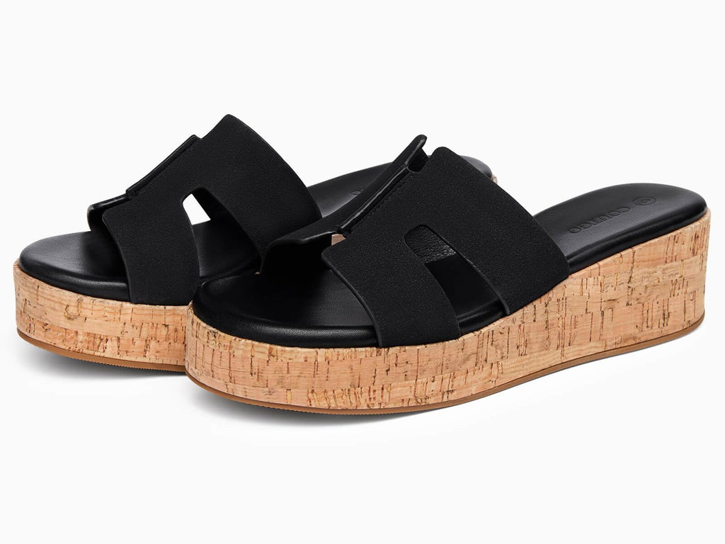 Coutgo Women's Platform Wedge Sandals Open Toe Slip On Slides Cork Heeled Cutout Comfortable Summer Shoes