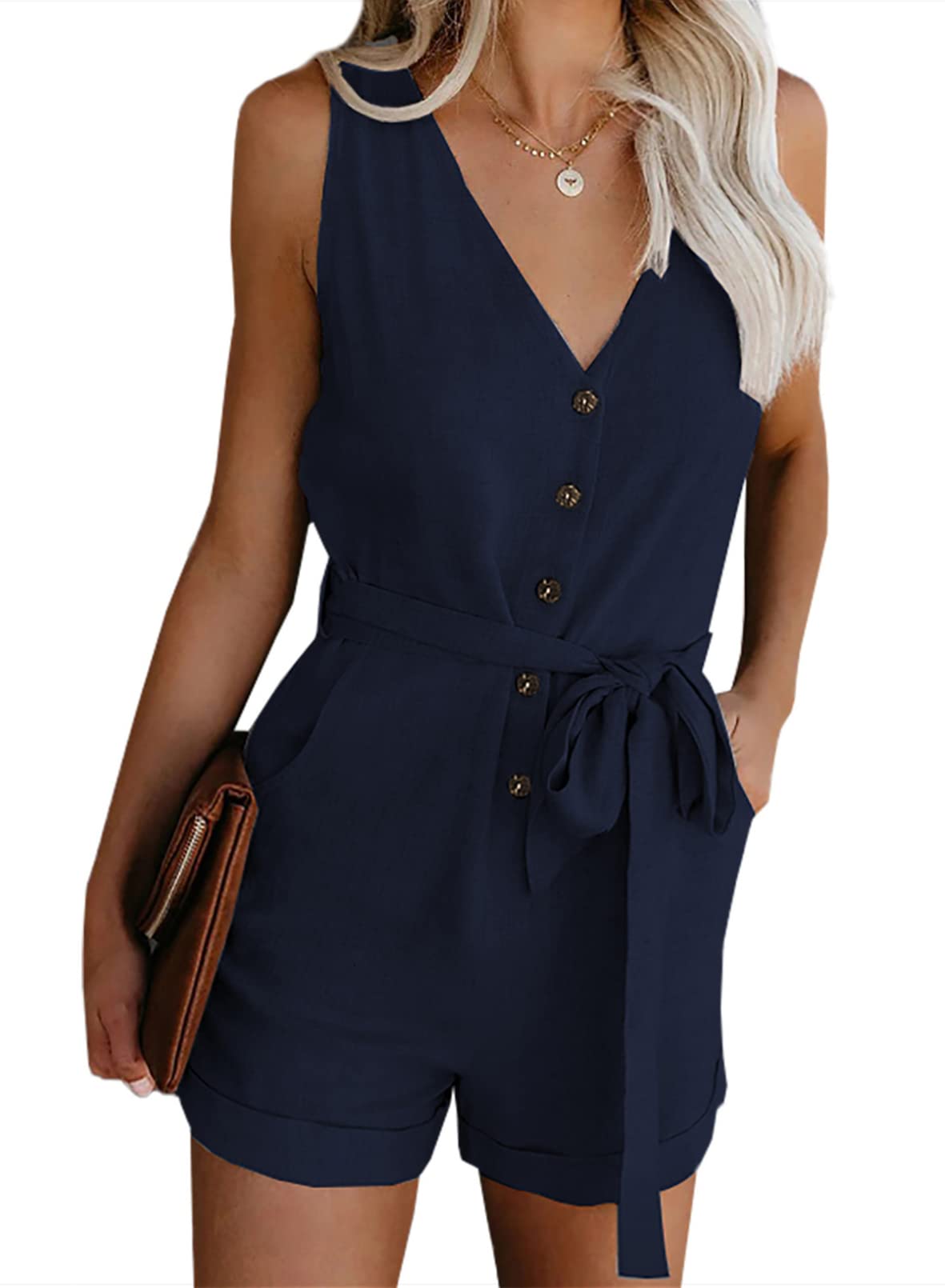 Acelitt Womens Casual Summer Crewneck Ruffle Sleeveless Rompers, XS-XXL