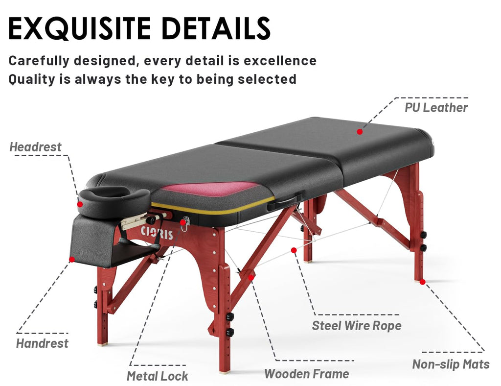 CLORIS 84" Professional Massage Table Portable Reinforced Wooden Leg 2 Folding Lightweight Spa Salon Tattoo Massage Bed Height Adjustable Hold Up to 1100LBS with Carrying Bag Black