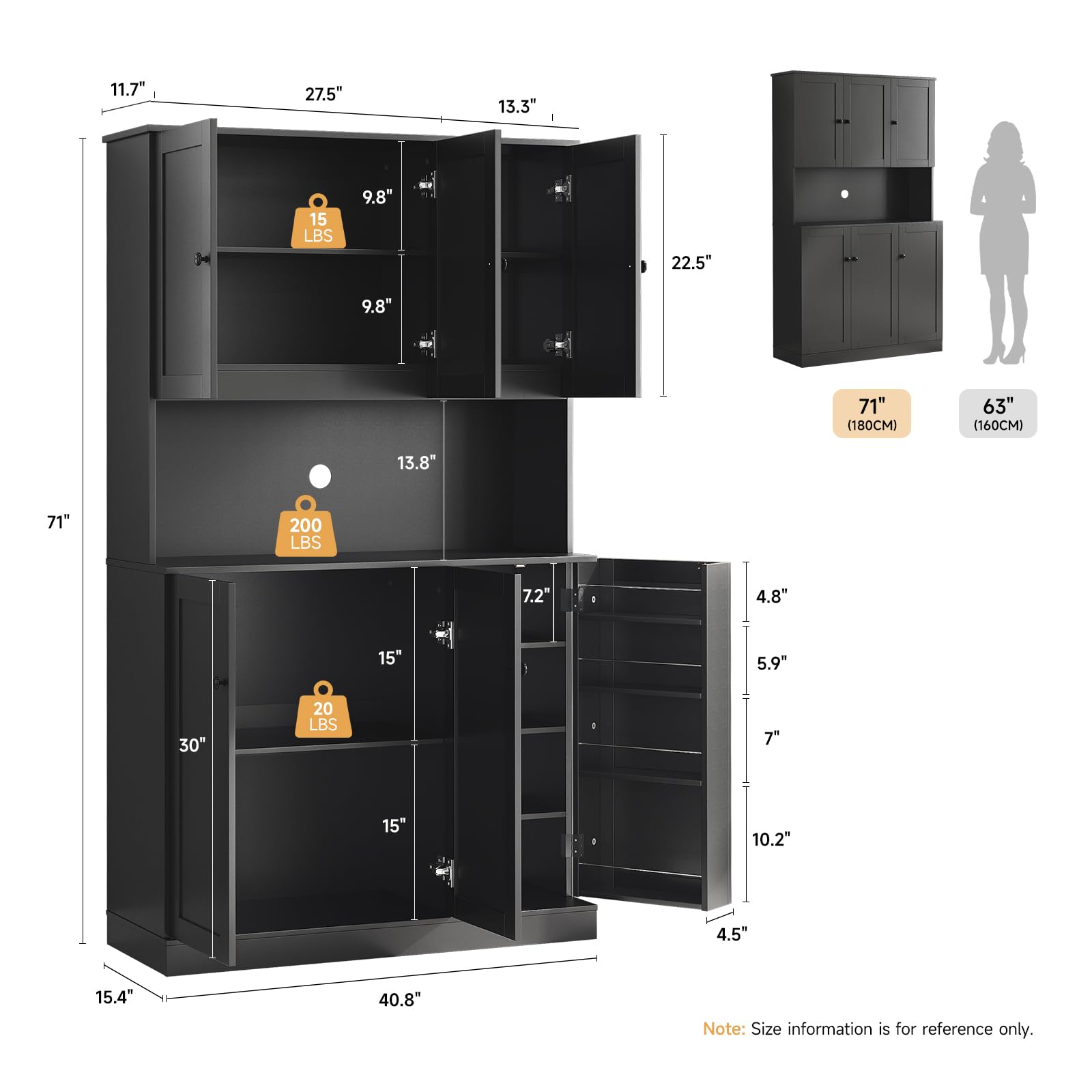 ONBRILL 71" Tall Kitchen Pantry Storage Cabinet with Microwave Stand & Door Shelf, Freestanding Kitchen Hutch with 6 Doors and Adjustable Shelves, Modern Food Pantry for Dining Room, Black