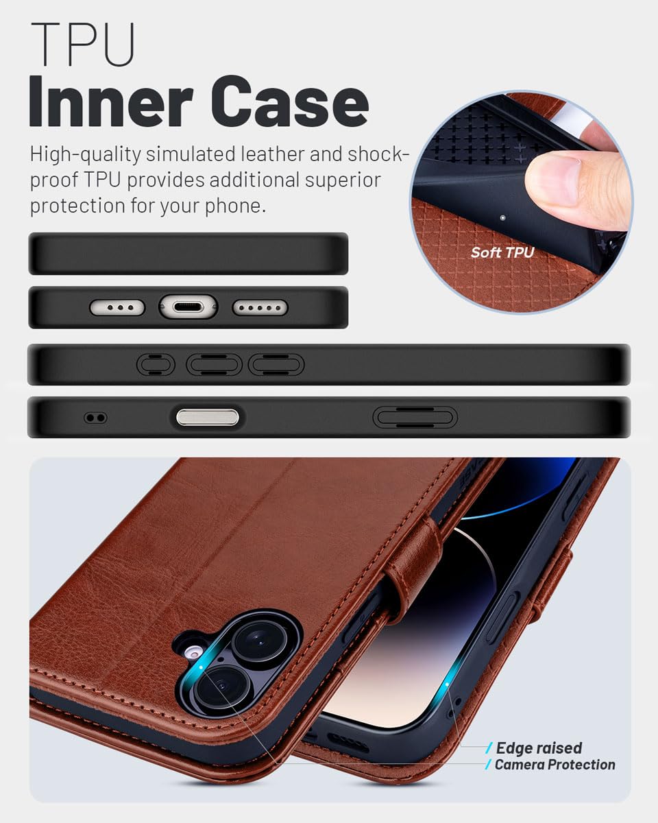 OCASE Compatible with iPhone 16 Wallet Case, PU Leather Flip Folio Case with Card Holders RFID Blocking Kickstand [Shockproof TPU Inner Shell] Phone Cover 6.1 Inch 2024, Black