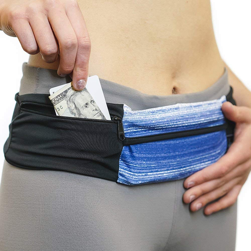 3 Pocket Adjustable Running Belt Waist Pack, Fanny Pack For Working Out With Sweat Resistant Backing, Holds All iPhone Models (Black/Black, X-Small)