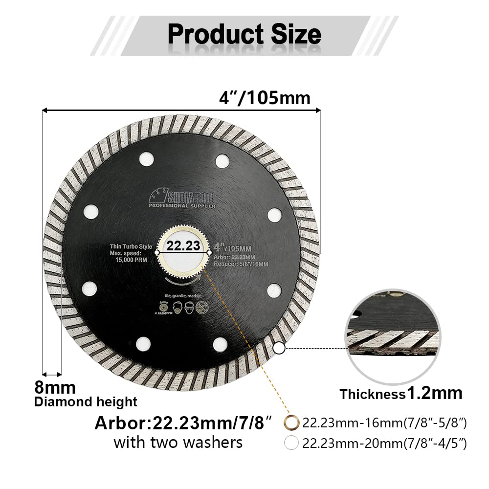 SHDIATOOL Super Thin Diamond Turbo Saw Blade 4 Inch Cutting Porcelain Ceramic Tile Granite Dia 105mm