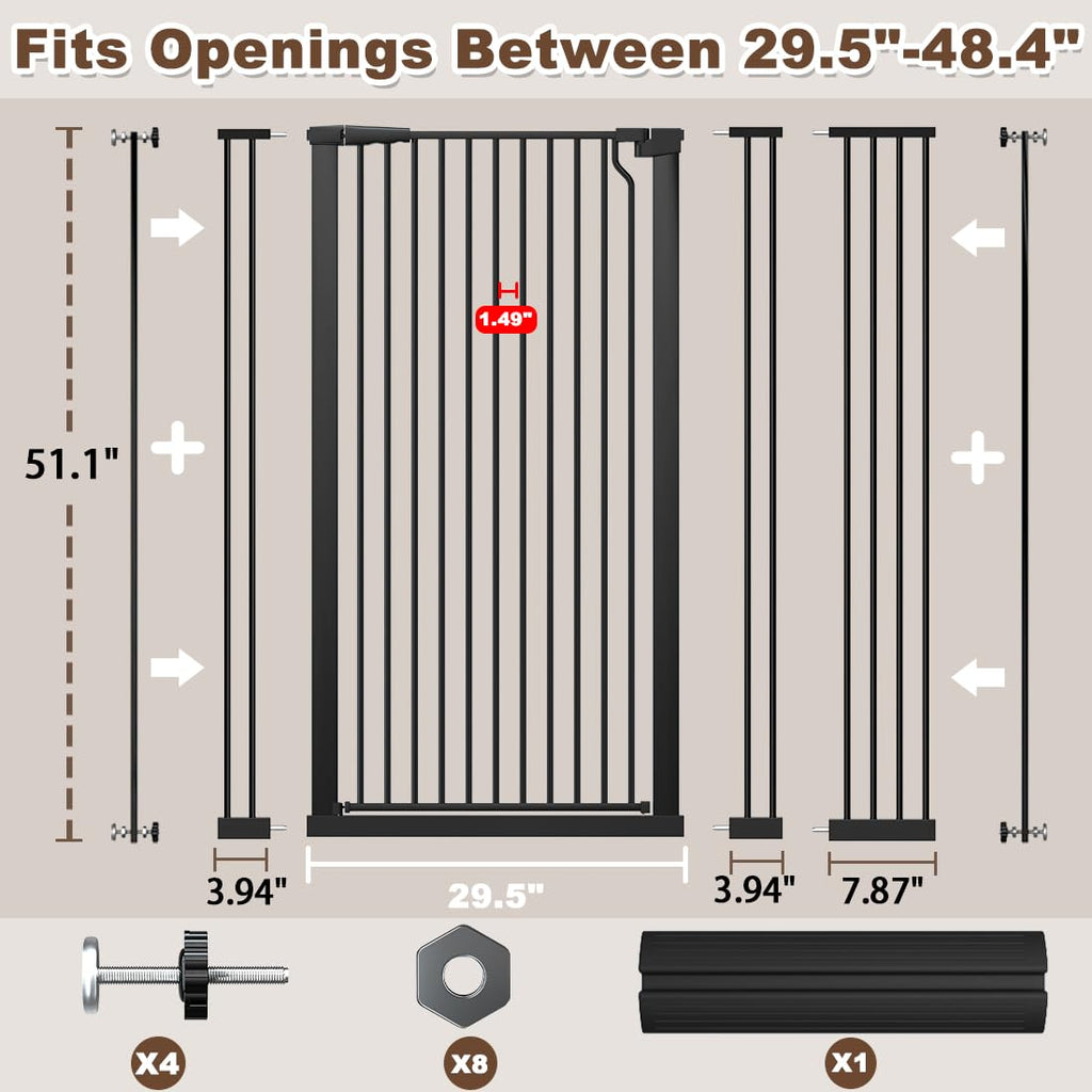 Fairy Baby 51.1" Extra Tall Pet Gate, 29.5"-32.6" Adjustable Width Auto Close Encrypted Tall Dog Gate, Cat Proof Metal Gate Indoor for Doorway Hallways, Pressure Mounted Child Safety Gates, Black