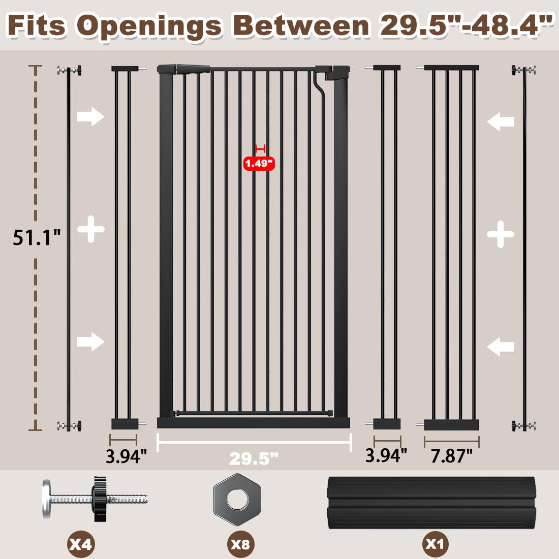 Fairy Baby 51.1" Extra Tall Pet Gate, 29.5"-32.6" Adjustable Width Auto Close Encrypted Tall Dog Gate, Cat Proof Metal Gate Indoor for Doorway Hallways, Pressure Mounted Child Safety Gates, Black