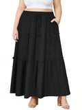 Moon Wood Plus Size Maxi Skirts for Women Trendy Long Flowy Boho Tiered Skirt Renaissance Summer Beach Skirt with Pockets