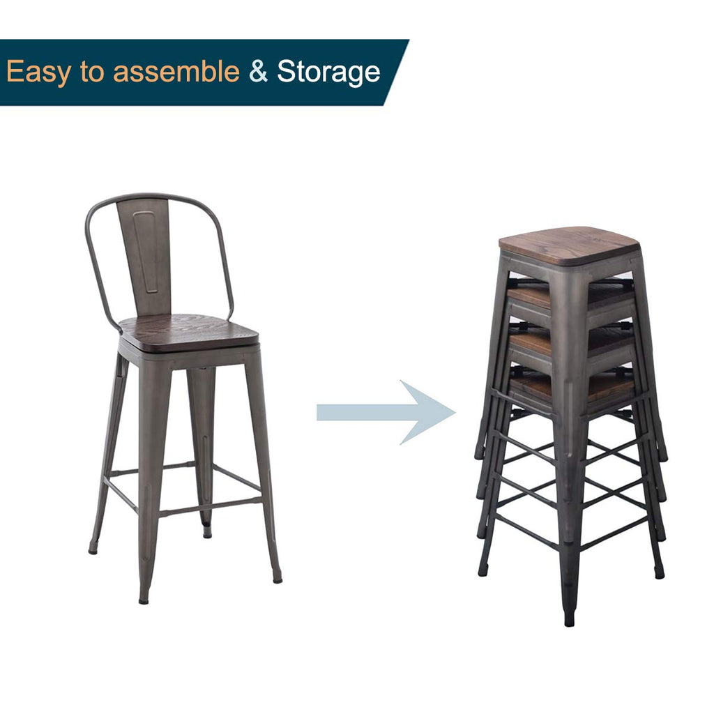 Alunaune 24" Swivel Metal Bar Stools Set of 4 High Back Counter Height Barstools Industrial Dining Bar Chairs with Large Wooden Seat-Matte Black