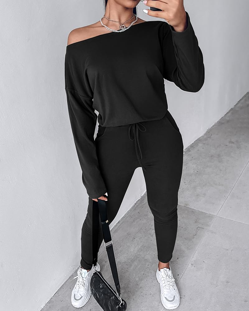 CHICME Women Tracksuit Fall 2 piece Outfits Off The Shoulder Long Sleeve Tops and Pants Set Travel Outfits