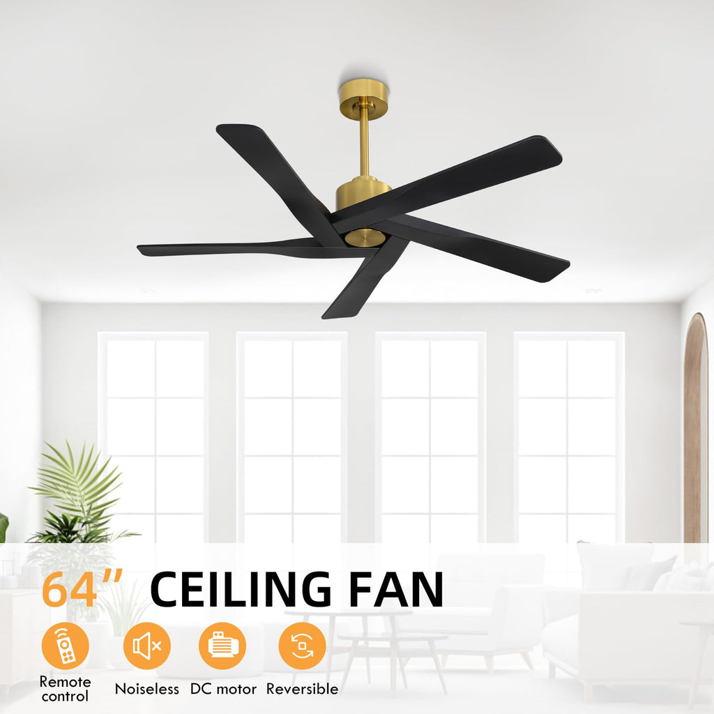 WINGBO 54" ABS DC Ceiling Fan No Light, 5 Blade Wood Grain ABS Ceiling Fan with Remote, 6-Speed Reversible DC Motor, Ceiling Fans without Light for Kitchen Bedroom Living Room, Antique Nickel and Grey