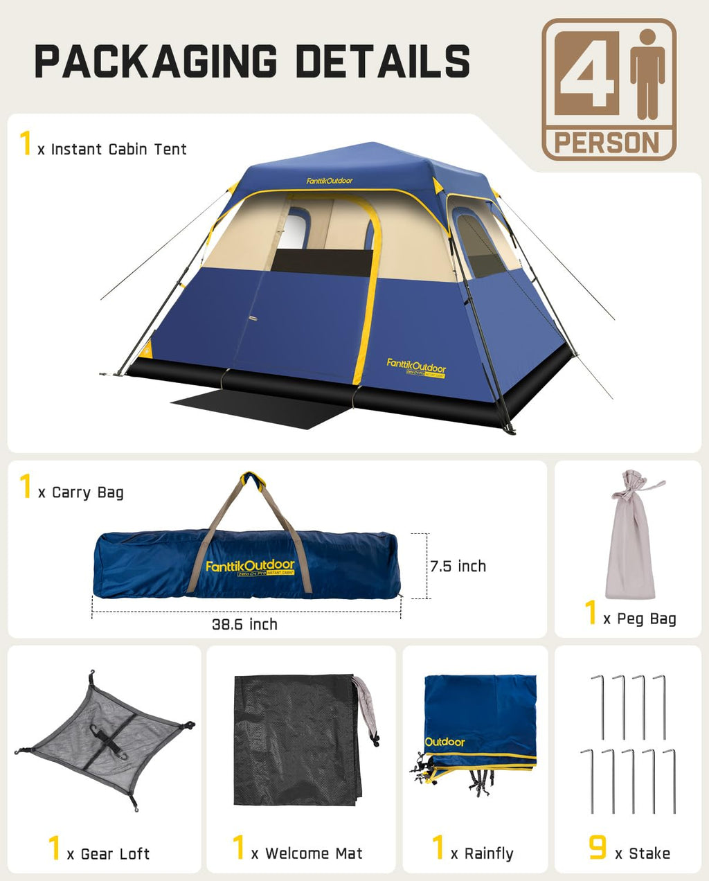 FanttikOutdoor Camping Tent 4/6/8/10 Person Instant Cabin Tent Setup in 60 Seconds with Rainfly & Windproof Portable with Carry Bag for Family Camping & Hiking, Upgraded Ventilation, Navy Blue