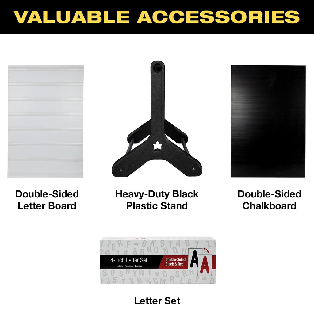 Swinging Changeable Message Sidewalk Sign: 24" x 36" Sign with 792 Pre-Cut Double Sided Letters and Storage Box. Includes Black Board & Letter Board (Black Color Legs)