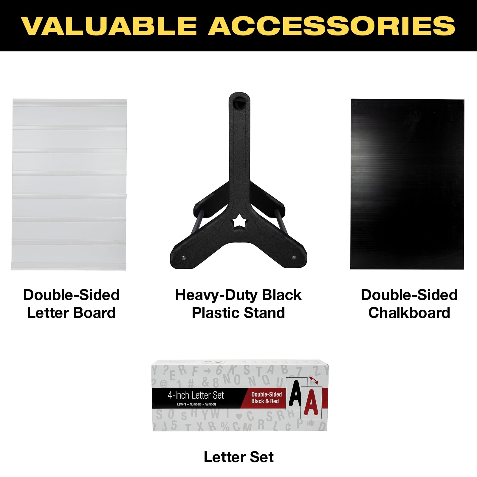 Swinging Changeable Message Sidewalk Sign: 24" x 36" Sign with 792 Pre-Cut Double Sided Letters and Storage Box. Includes Black Board & Letter Board (Black Color Legs)