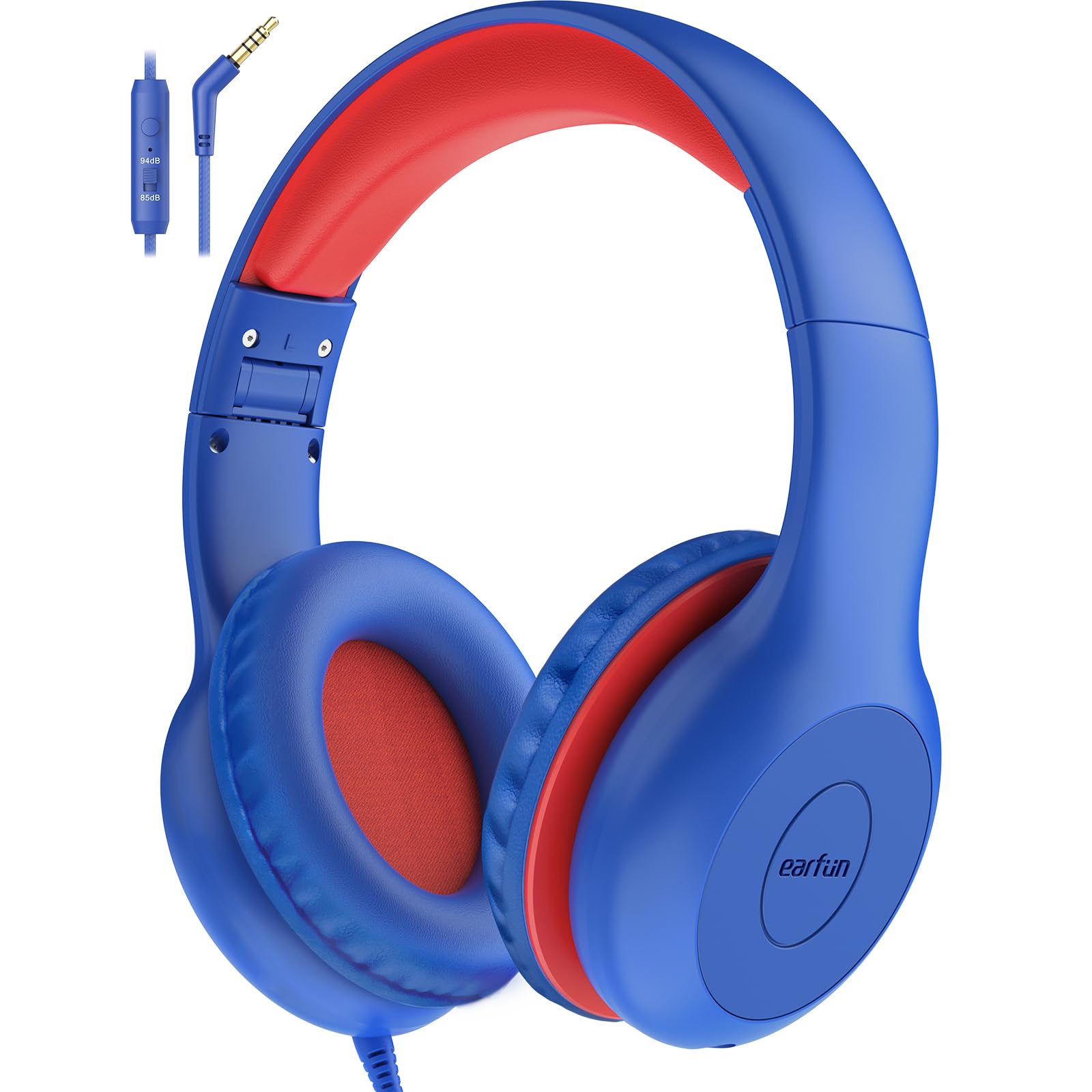 EarFun K1 Kids Headphones Wired with Microphone, 85/94dB Volume Limit Headphones for Kids, Portable Wired Headphone with Shareport, Stereo Sound Foldable Headset for School/Tablet/iPad, Black Red