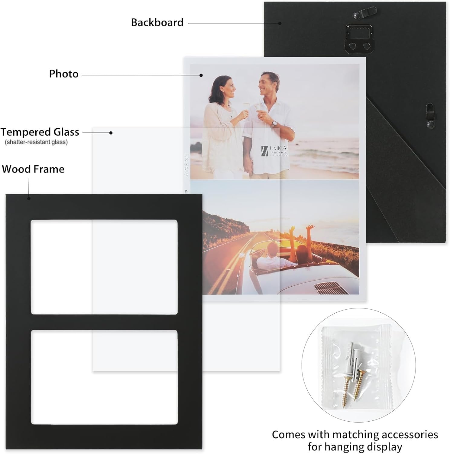 4x6 2-Opening Collage Frame Black Wood | Two 4x6 openings, shatter-resistant glass, tabletop & wall mount