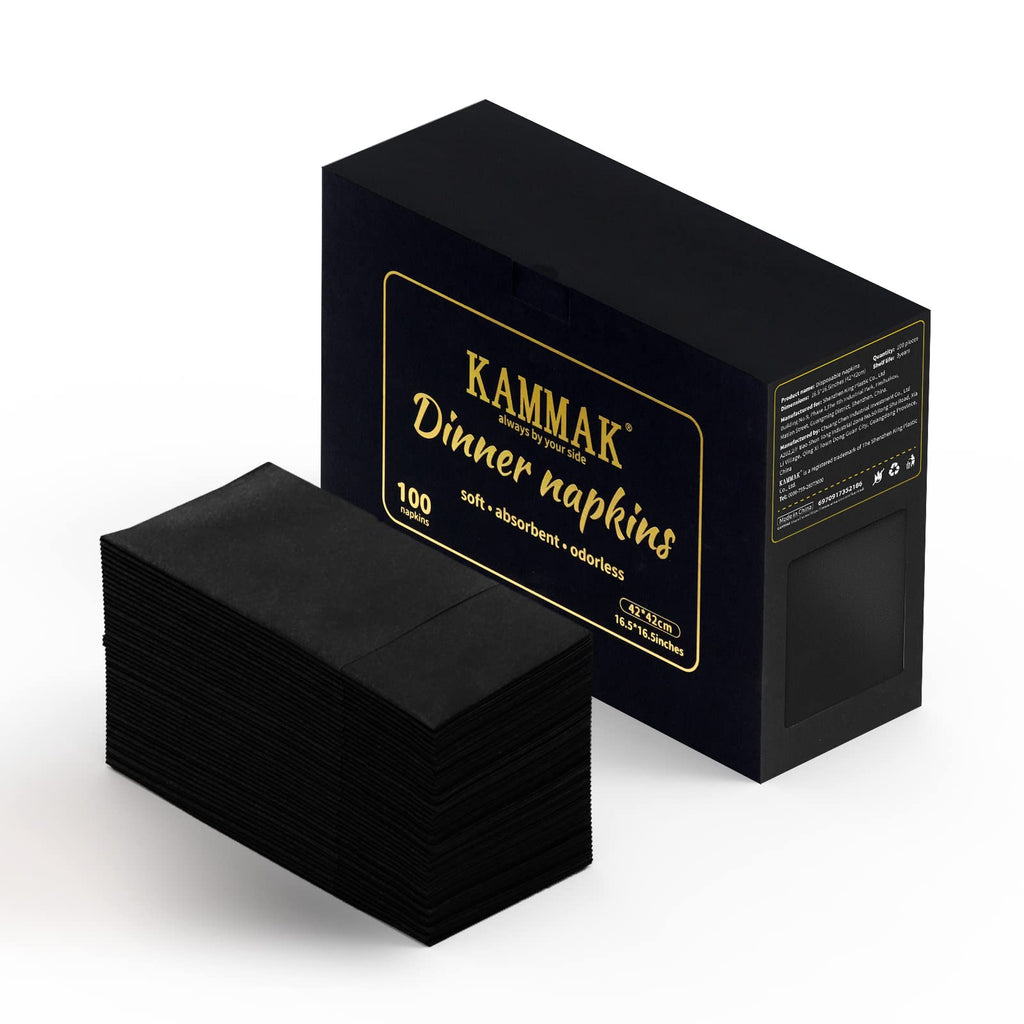 KAMMAK Black Napkins Disposable with Pocket Wedding Decorative Dinner Paper Napkins 100 Pack Linen Feel Prefolded Guest Hand Towels for Party Decoration, Cocktail Reception, Hotel (16.5 x 16.5 inch)