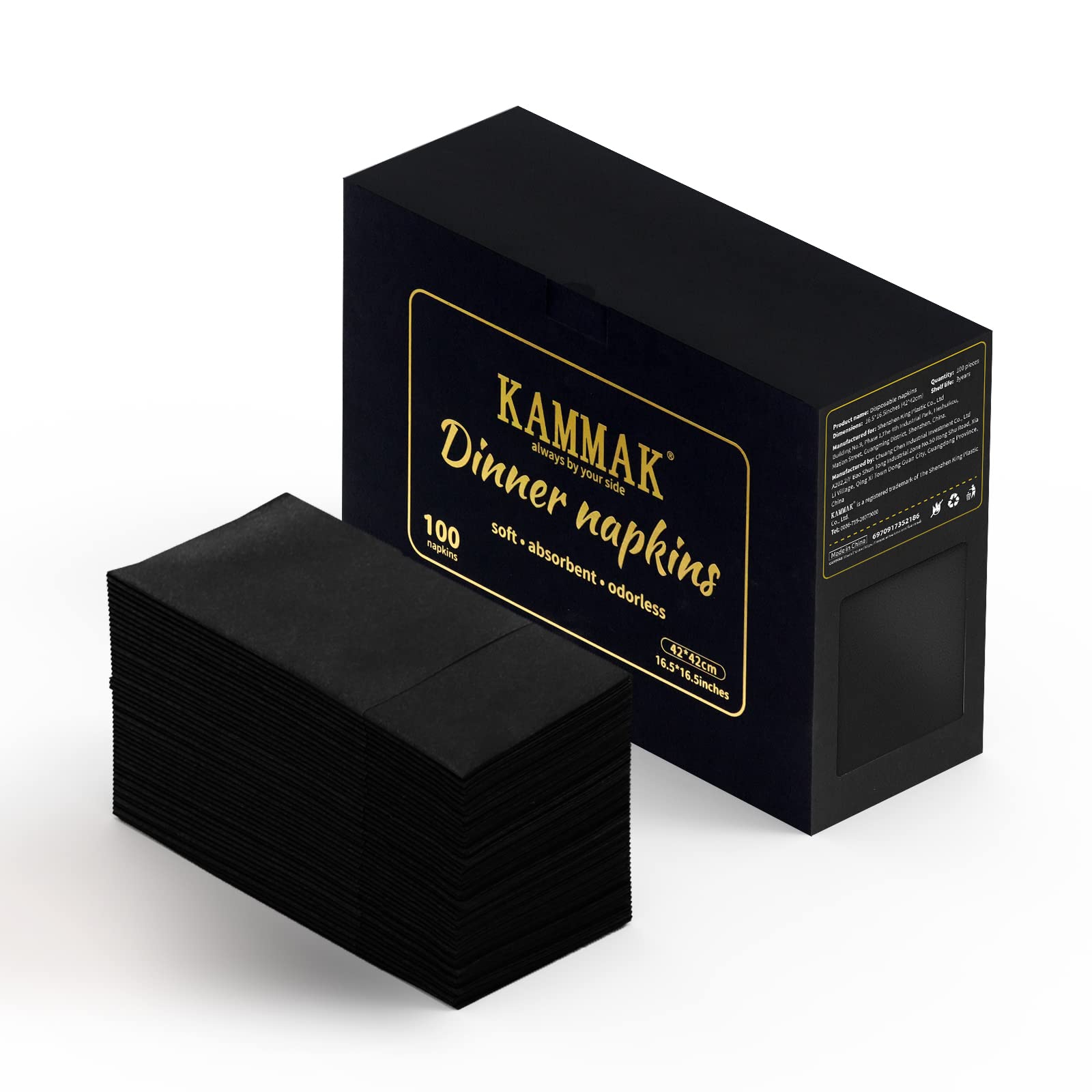 KAMMAK Black Napkins Disposable with Pocket Wedding Decorative Dinner Paper Napkins 100 Pack Linen Feel Prefolded Guest Hand Towels for Party Decoration, Cocktail Reception, Hotel (16.5 x 16.5 inch)