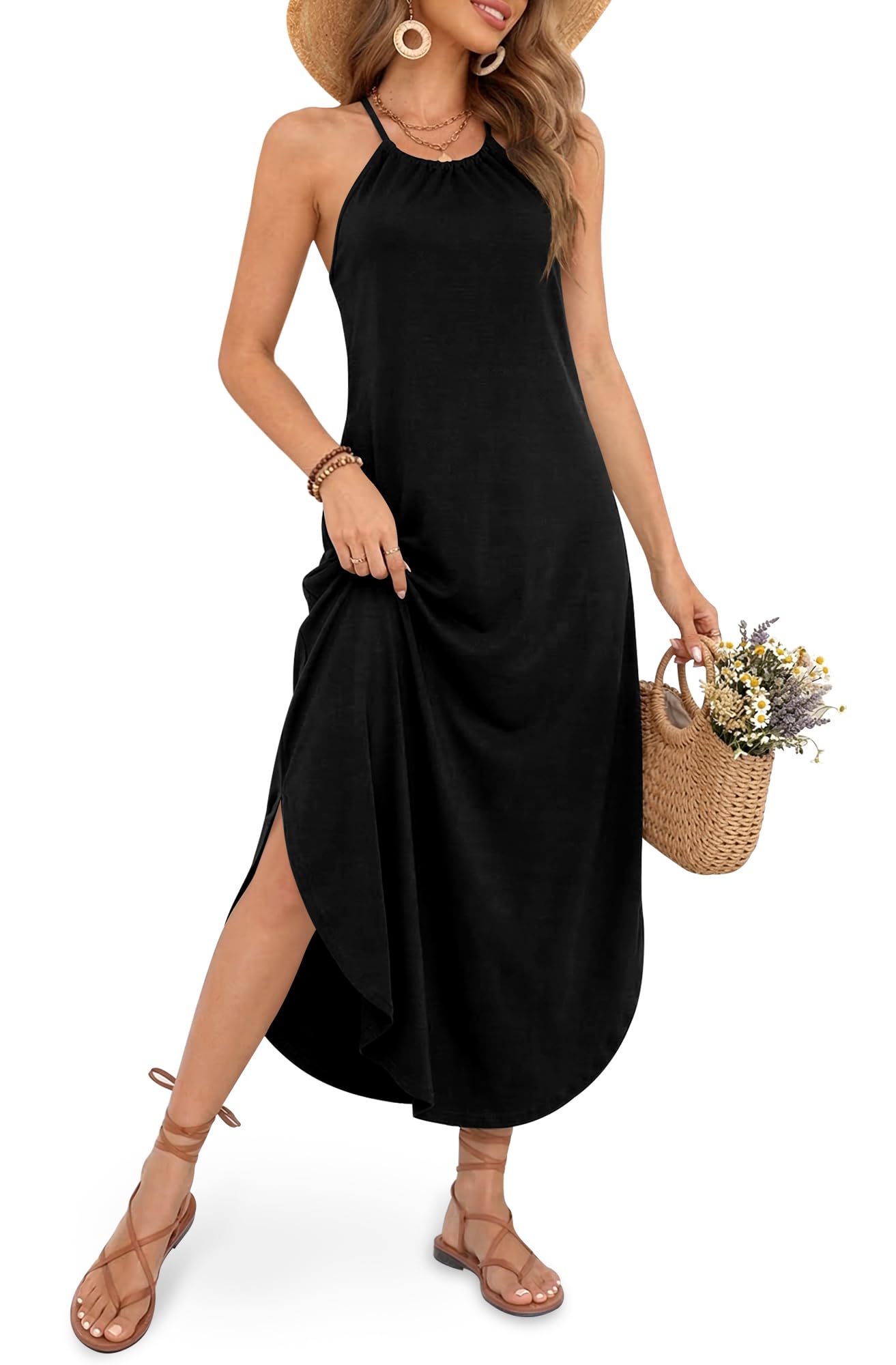 For G and PL Women's Summer Casual Halter Side Slit Maxi Beach Dress Resort Vacation Cruise Wear Sundress