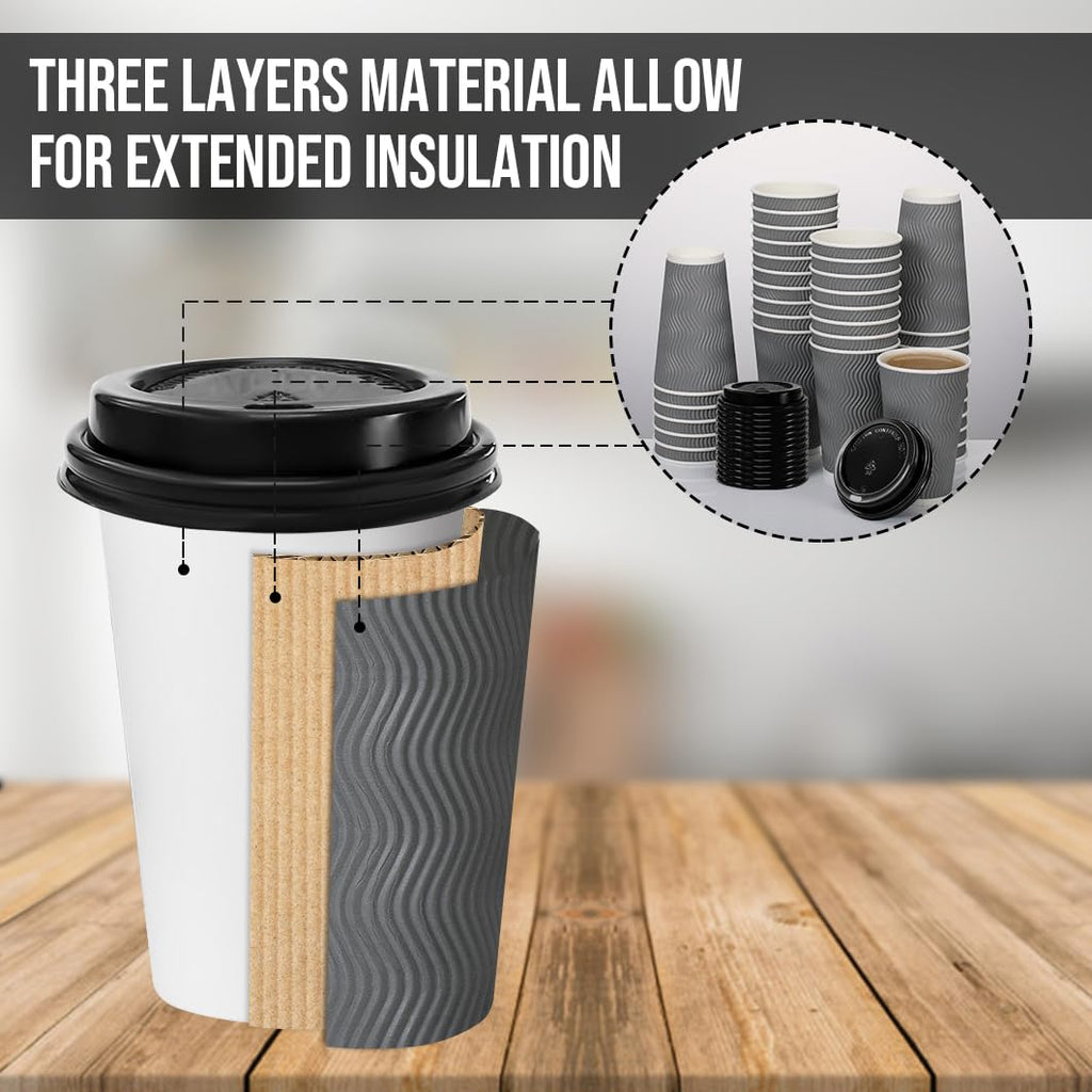 BYSNOW 100 Pack 10 oz Coffee Cups with Lids, Disposable Insulated Hot Cups To Go Paper Coffee Cups, Corrugated Ripple Wall Cup for Hot Drink, Office, Coffee Bar (Grey 10 oz)