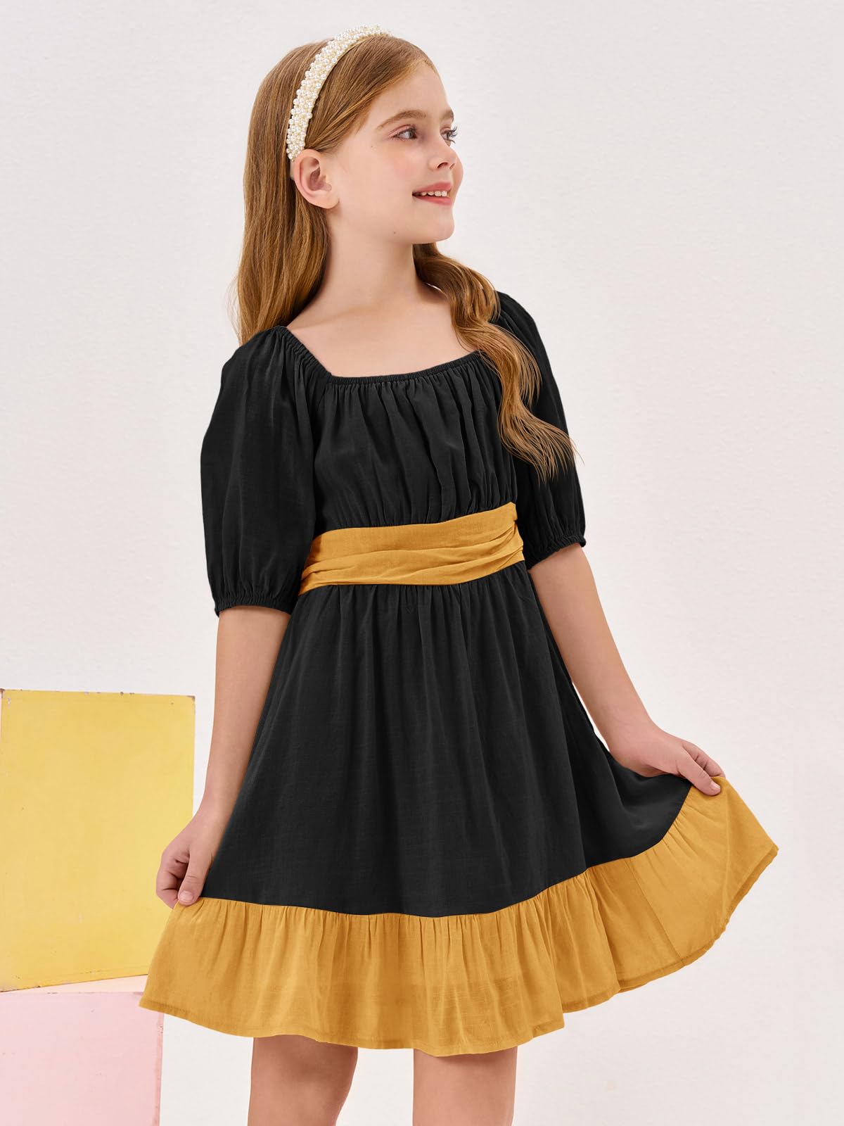 Girls Summer Dresses Square Neck Lantern Sleeve Tie Backless Ruffle A-Line Party Mini Dress