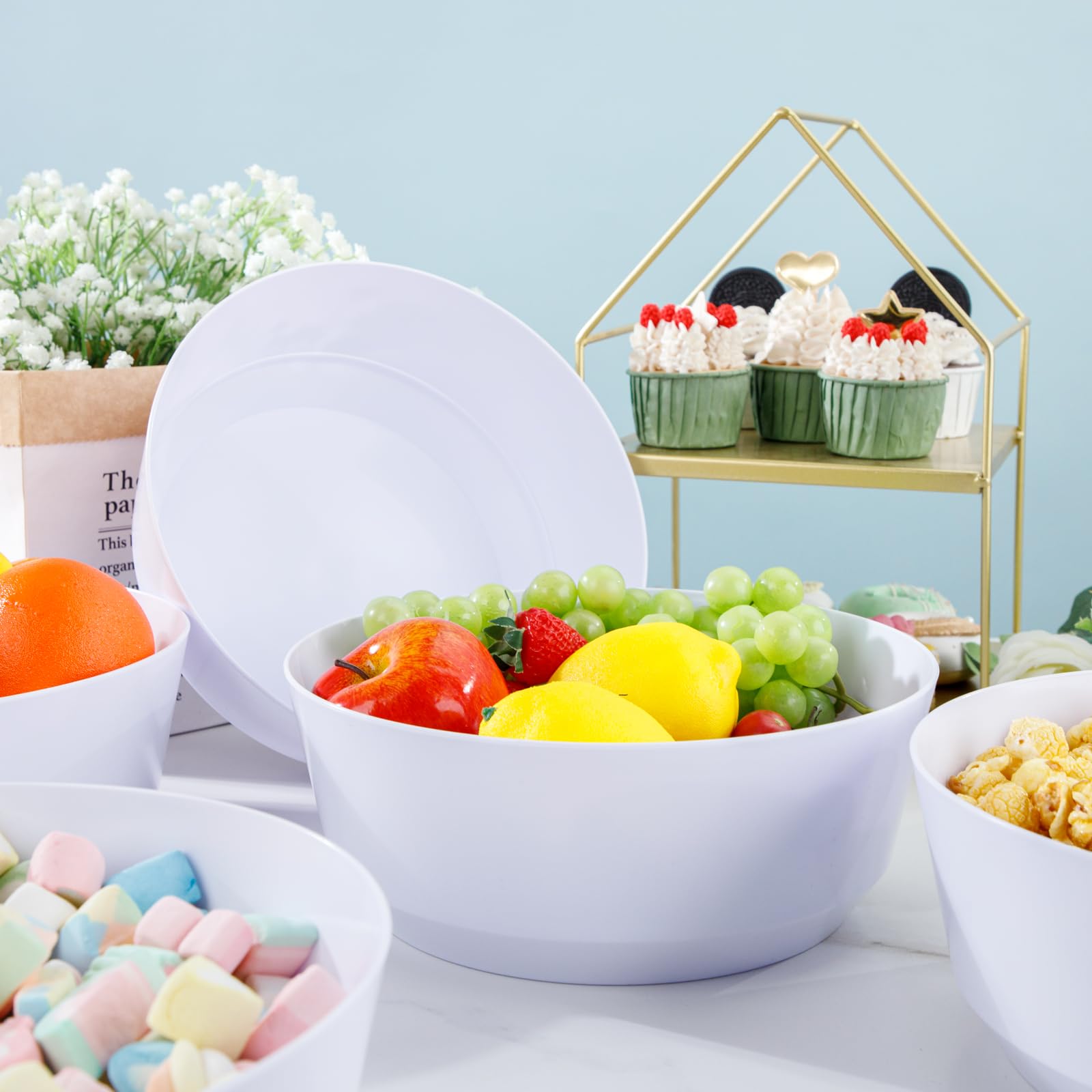 Hioasis 8 Pack Plastic Serving Bowls 128oz Black Plastic Bowls Heavy Duty Disposable Serving Bowls for Party Snack & Salad & Candy & Bar Buffet & Wedding