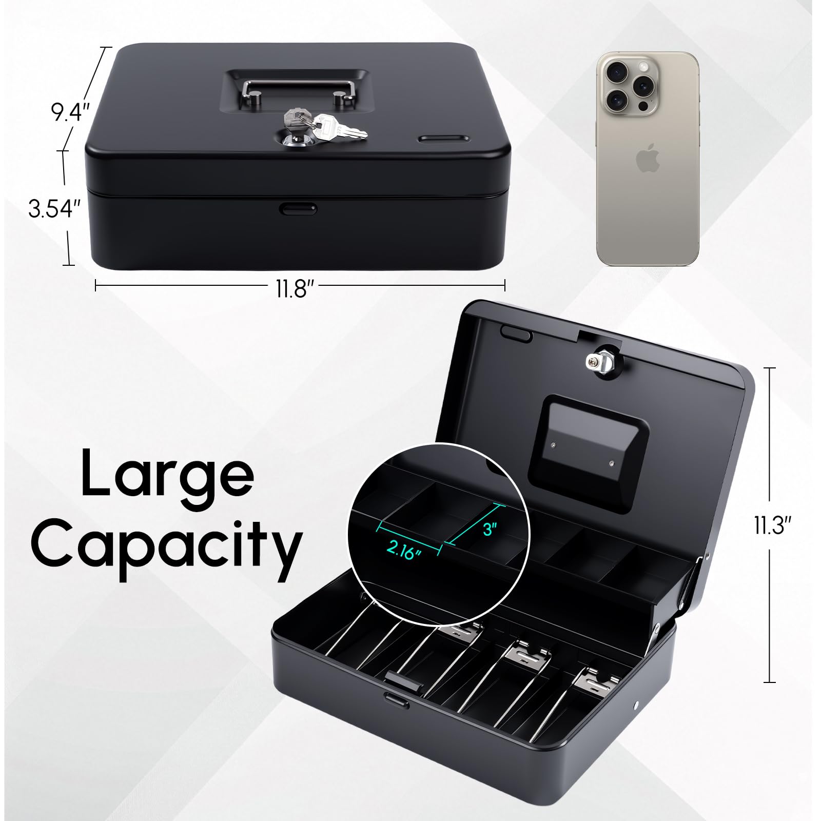 Cash Box with Money Tray and Key Lock, Saving Lock Box with Money Tray Storage for Cash Register 11.8"x9.45"x3.54" Black XL Large