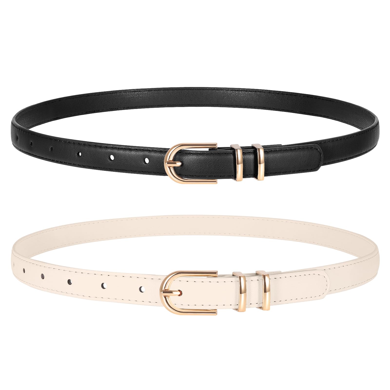 TRIWORKS 2 Pack Women Skinny Leather Belts for Jeans Pants Thin Faux Leather Belt with Gold Buckle