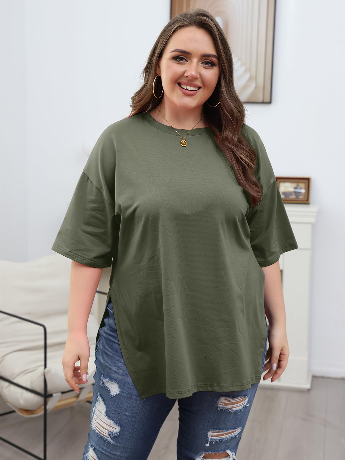 VNIRA Plus Size T Shirt for Women Oversized Cotton Short Sleeve Workout Top Loose Fit Side Split Casual Basic Tunic Top