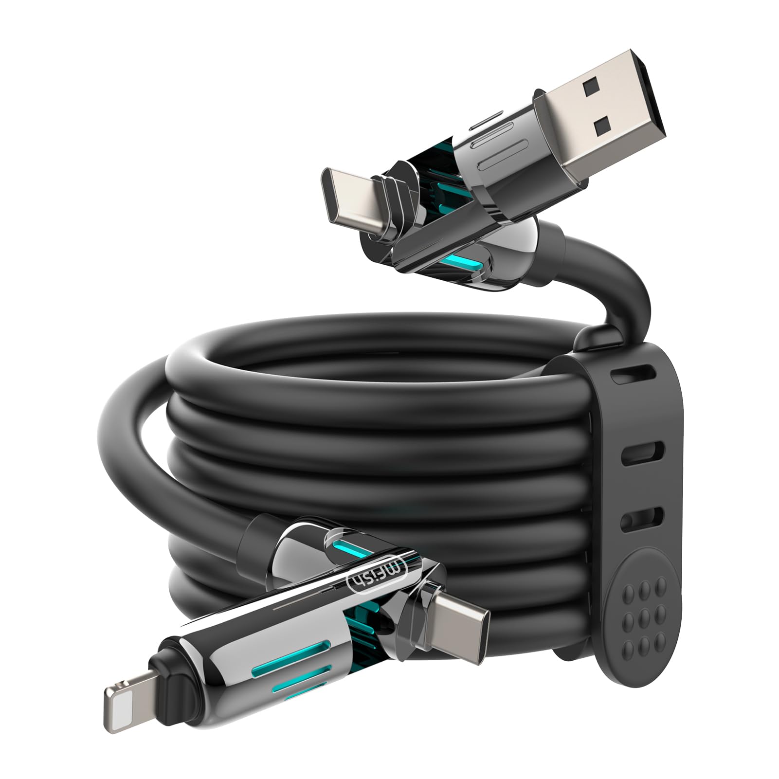 MFish 4-in-1 USB Charging Cable with Carrying Case, 240W Fast Charger Cord, USB-A & Dual USB-C to USB-C/Lightning, for iPhone 17/16/15/14, iPad, MacBook & More(Black, 3.3FT)