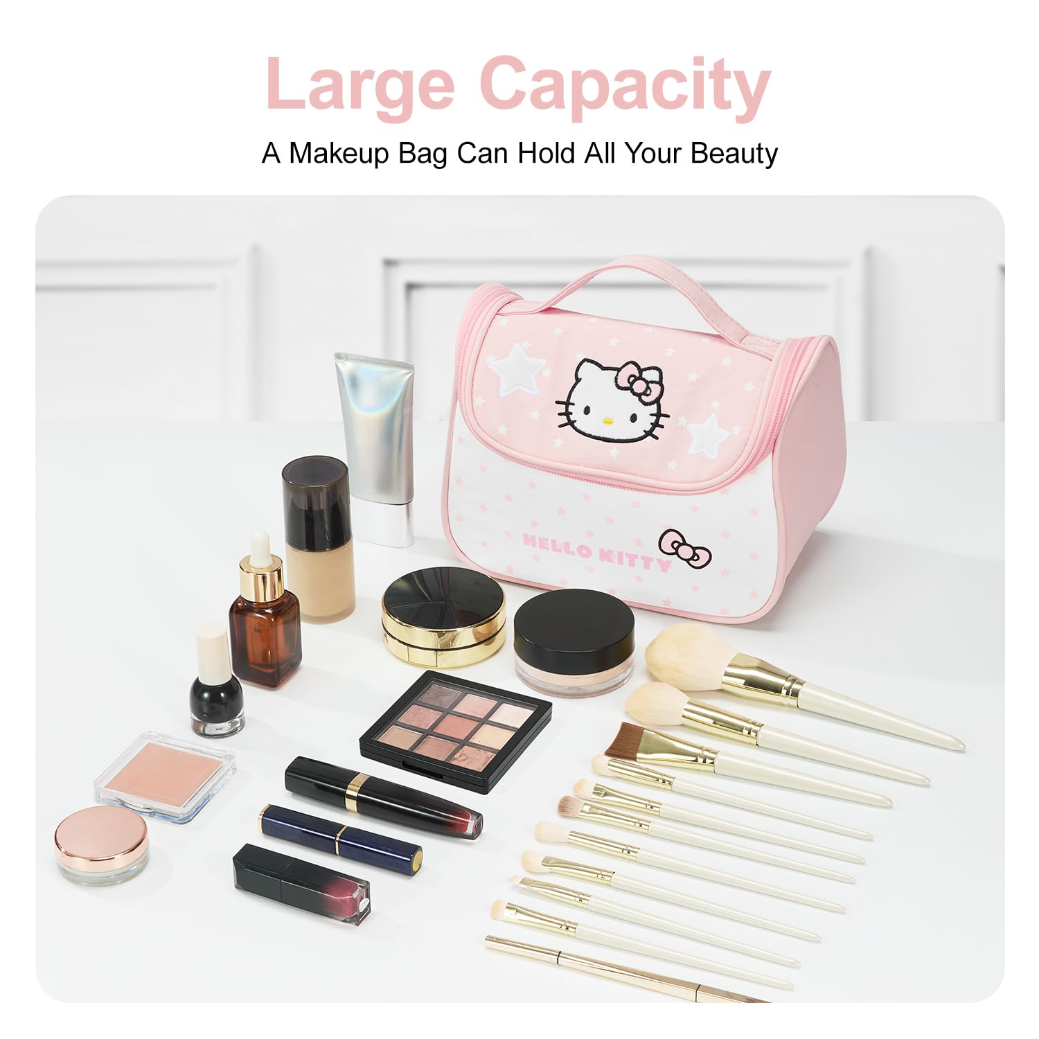 AmBealla Makeup Bag Large Waterproof Cosmetic Bags with Makeup Brush Holder,Cute Printed Makeup Organizer for Women Traveling,Portable Toiletry Bag for Girls